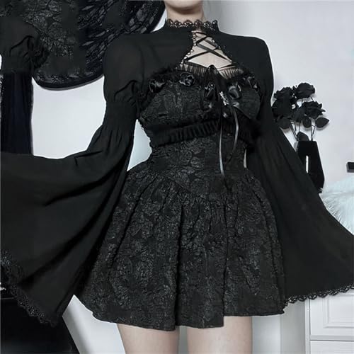 Image of Gothic Bolero Shrug Tops Women Goth Bell Long Sleeve Crop Top