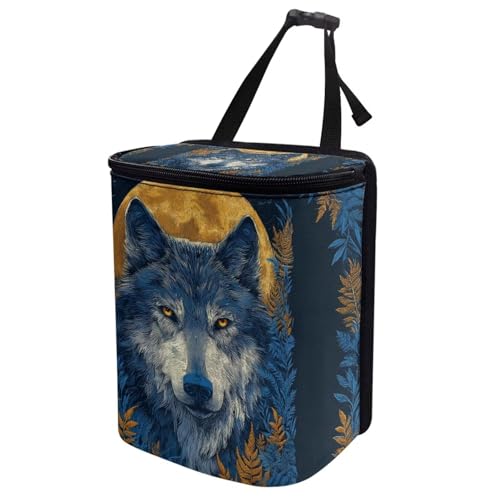 Image of Talayituse Moon Wolf Leaf Print Car Trash Bin, Large Size Auto Trash Can Adjustable Portable Garbage Can with Lid, Vehicle Hanging Bag for Headrest Front Back Seat