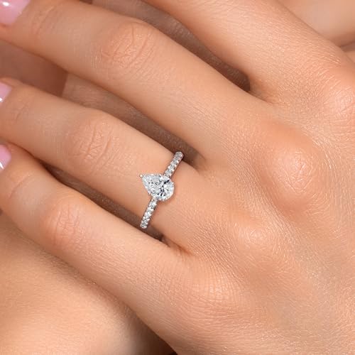 Gem Stone King 10K White Gold 8X5MM Pear Shape Gemstone Birthstone and White Lab Grown Diamond Engagement Ring For Women | Available in Size 5,6,7,8,94
