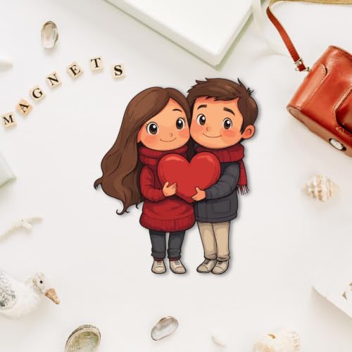 Image of Bhai Please Cute Couple with Heart Theme Wooden Fridge Magnet - Couple Gift