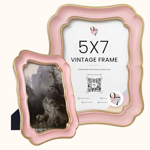 97 Decor Gold Pink Picture Frame 5x7 - Cute Pink Vintage Frame 5x7 For Tabletop And Wall Hanging, Decorative Pretty 5 By 7 Frame For Home, Bedroom, Retro Girly Wall Decor