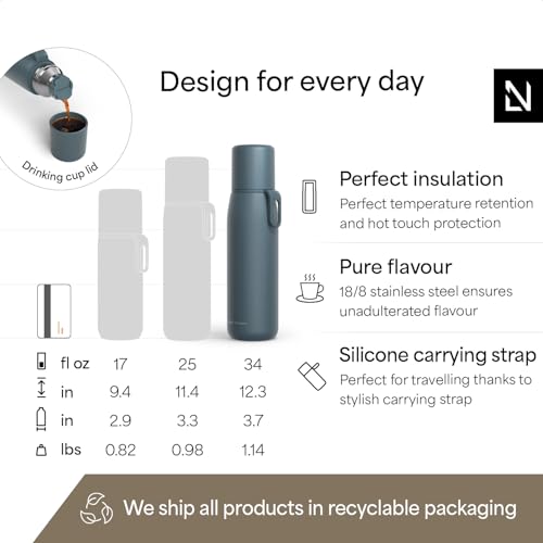Image of LARS NYSOM Stainless Steel Thermo Water Bottle - Double Wall Insulated Water Bottle with Cup & Carry Strap, Leakproof Metal Bottle for Travel, Office & Outdoor (Stone Blue, 34oz)