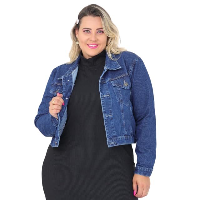 Jaqueta Jeans Cropped Feminino Plus Size (BR, Numérico, 50, Plus Size, Regular, Azul)