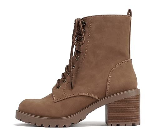 Soda “VELOUR” ~ Women Round Toe Lace-Up Lug Sole Medium Stack Heel Mid Shaft Combat Boot with Side Zipper - Main Image