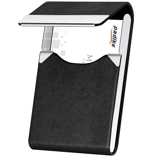 Image of Padike Professional Business Card Holder PU Leather Business Card Case Name Card Holder Slim Metal Pocket Card Holder with Magnetic Shut (Y-Black)