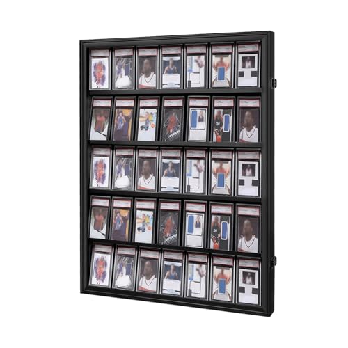 Goazhpon Vitrina para tarjetas deportivas de grado 35 con 98% de protección UV, marco de pared con cerradura para baloncesto, fútbol, béisbol, hockey, tarjetas de intercambio, acabado negro