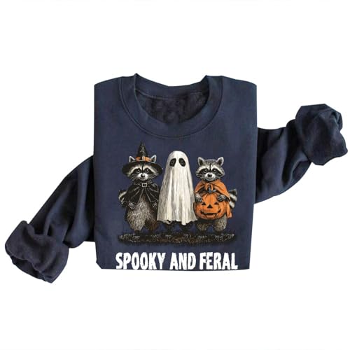 Image of TONGCHEN Spooky and Feral Raccoon Sweatshirt Ghost Pumpkin Spooky Season Sweatshirt Halloween (US, Alpha, Small, Regular, Regular, Haze Blue)