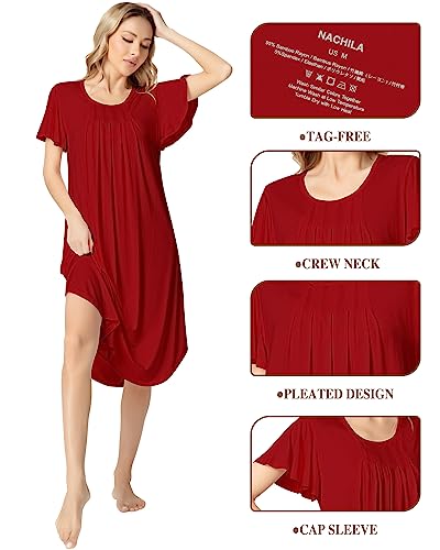 Image of NACHILA Bamboo Viscose Nightgown for Women Short Sleeve Crew Neck Sleepwear