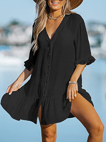 CUPSHE Women's V Neck Ruffled Cover Up Button Down Bathing Suit Beach Dress with Short Sleeves4
