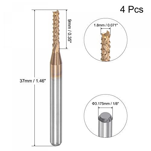 Image of uxcell End Mill CNC Router Bits, 1 /8 inch 3.175mm Shank 1.8mm x 9mm Titanium Coated Tungsten Carbide Engraving Milling Cutter for PCB Plastic Fiber Wood 4pcs