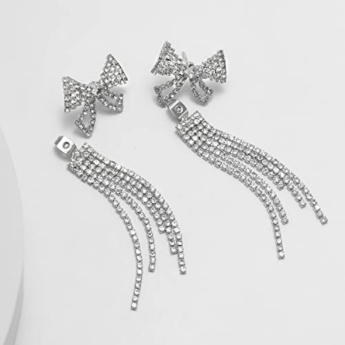 Rhinestone Silver Bow Earrings For Women - Hypoallergenic Silver Crystal Bowknot Tassels Statement Dangle Earrings Girls Teens (Silver Bow Earrings B) #TOP5