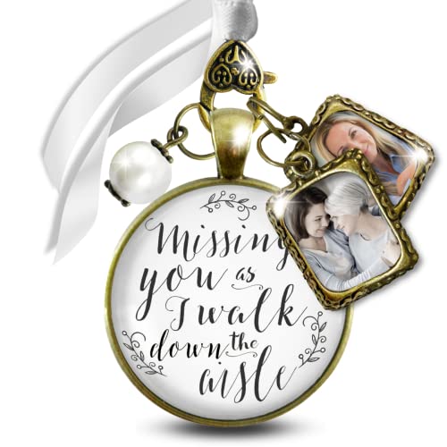 Gutsy Goodness Memorial Wedding Bouquet Charm Missing You As I Walk Down Aisle Vintage Bronze White Glass Pendant Jewelry White Bead 2 Picture Frames Loving Keepsake For Bride Diy Photo Template cover