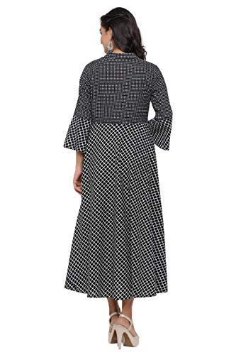 Image of JAPER KURTI Women'S Black & White Fit and Flare Anarkali Kurta with Geometric Print | Bell Sleeves & Mandarin Collar | Ethnic & Casual Wear