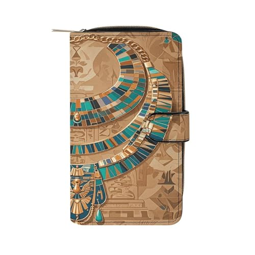 PU Leather Wallet Egyptian Necklace Print Travel Purse Women's Long Bifold Wallet Ladies Card Holder Purse with Zipper & Snap Closure