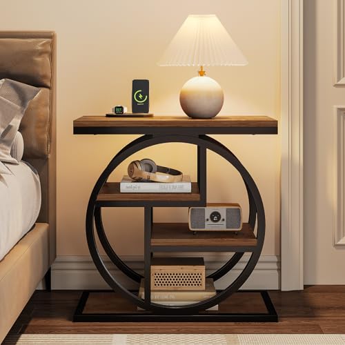 Image of Tribesigns End Table for Living Room, 4-Tier Narrow Side Table with Storage Shelves, Industrial Bedside Table for Bedroom, Wood Small Sofa Side Table with Geometric Metal Frame (1 PC, Natural Brown)