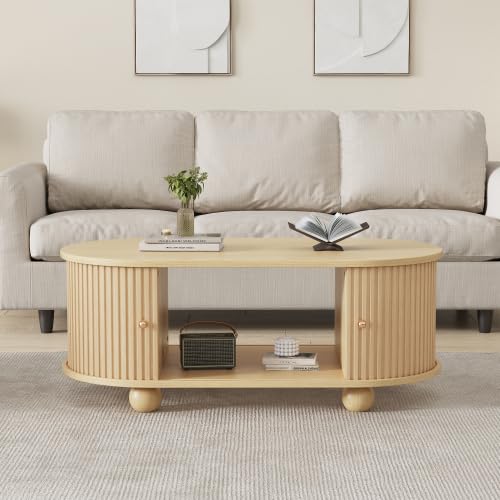 Merax Table basse ovale avec espace de rangement et portes coulissantes - Meuble multifonction couleur bois 100 x 50 x 40 cm - Table d'appoint peu encombrante...