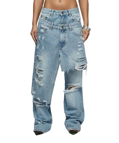 Women's Baggy Hip-Hop Jeans High Waisted Ripped Tear Splicing Straight Wide-Leg Street Denim Jeans
