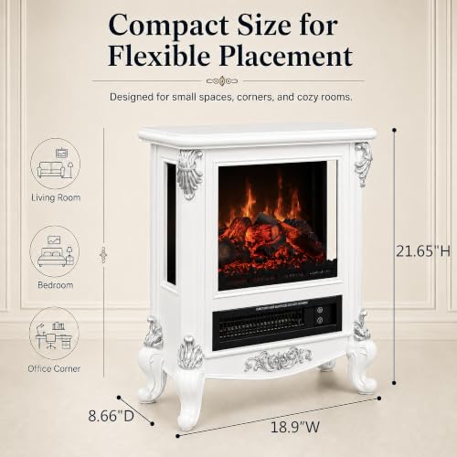 Image of FESTIVITY 18 inch Electric Stove Fireplace, 1500W Thermostat with 5100 BTU Heat Output, Adjustable Flame & Brightness Levels, Portable Electric Fireplace for Bedroom & Living Room-White & Silver