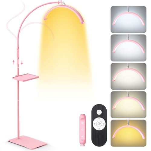 LIONVISON Half Moon Lash Light: 6500K LED Lamp Ring Light with Tray - 360° Flexible Gooseneck Durable Metal Stand - Salon Use for Lash Artists Eyelash Extensions (18In Pink)