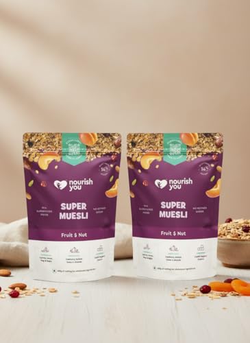 Image of Nourish You Super Muesli Fruit & Nut 400g Pack x Pack of 2 | Whole Grain Muesli with Rolled Oats, Quinoa, Ragi | Kakvi Natural Sweetener | High Fiber & Protein Cereal | Gluten Free Healthy Breakfast