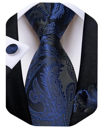 Image of DiBanGu Mens Paisley Tie Sets Silk Jacquard Woven Floral Necktie and Pocket Square Cufflinks Wedding Business Party