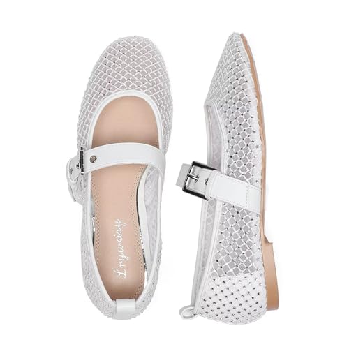 Lryweisy Women Mesh Ballet Flats Rhinestone Block Heel Walking Flats Shoes Round Toe Buckle Strap Mary Jane Flats4
