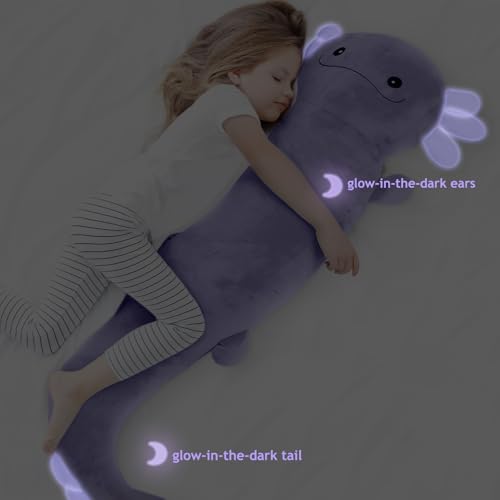 Image of Tianmihou 48 Inch Giant Axolotl Stuffed Animal, Cute Plush Toy Purple Axolotl Body Pillow for Kids, Soft Salamander Glow in The Dark Plushie Gifts for Girls, Boys, Birthday