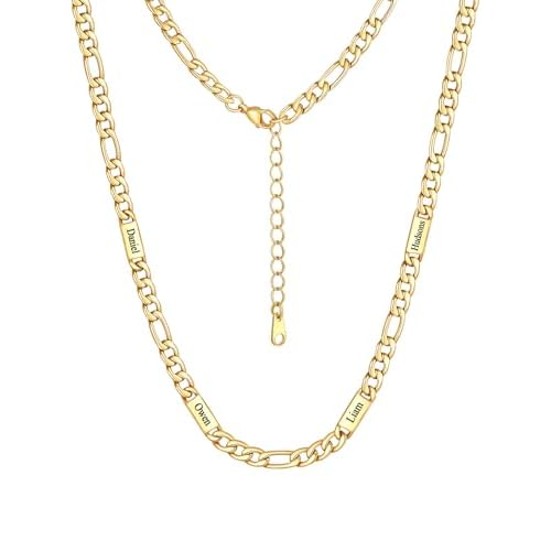 Custom4U Personalized Stainless Steel Figaro Chain for Men Women, 5mm/7mm Width Engraving 1-5 Names Figaro Chain Necklace, Steel/14K Gold Plated/Black Fathers Day Gift Hip Hop Jewelry+Send G