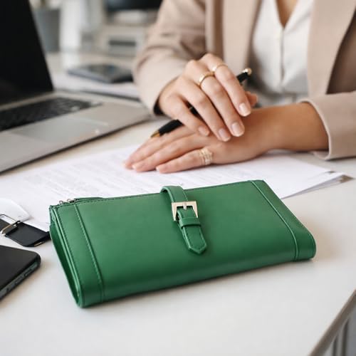 Image of Raizel, Real Leather Clutch Hand Purse Wallet Black for Women's, Two Main Compartment | Two Zipper Pockets | Five Card Slots | one Photo Holder, (P Green)