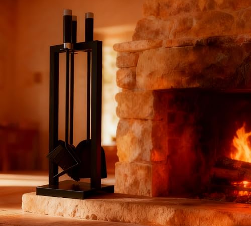 Kingson - Set de útiles para chimenea – Juego de 3 herramientas con soporte – Incluye pala, cepillo y atizador – Recubierto en polvo negro con mangos de acero y acero inoxidable – 59,5 cm