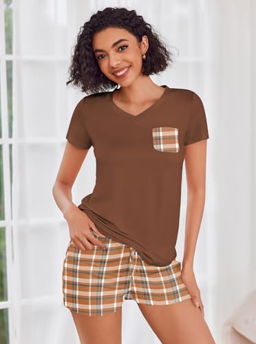 Image of Ekouaer Womens Pajama Sets Short Sleeve Pajamas for Women Sets Soft Lounge Sets Casual V Neck Sleepwear PJS