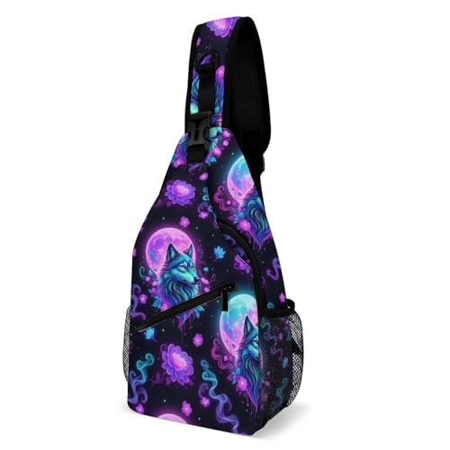 Men's Sling Bag Backpack Packable Chest Crossbody Rucksack, Anti-Theft Waterproof Travel Daypack, Galaxy Starry Flowers Wolf Bags