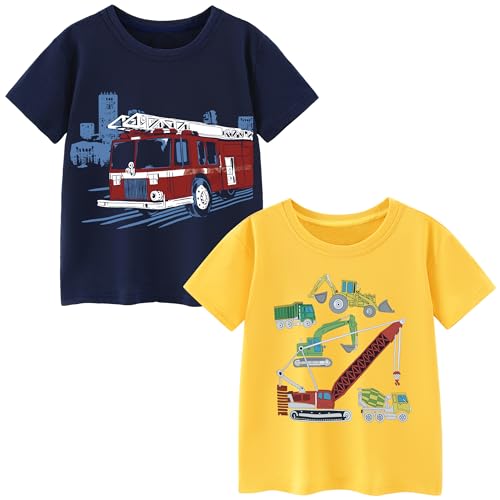 Gumyoss T-Shirt à Manches Courtes pour Enfant Garçon Coton T-Shirts d'été à Col Rond Lot de 2 pour Enfants Garçon 3 Ans, Bleu foncé/Jaune/Camion de...