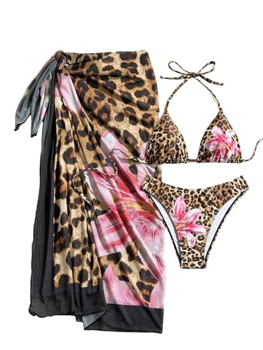 Bikini 3 pièces léopard pour femme GORGLITTER maillot de bain brésilien avec jupe