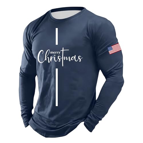 Generisch Herren Festliches Longsleeve 'Merry Christmas' - Modernes Athletik-Oberteil im Slim-Fit-Schnitt | Langarmshirt mit dezentem Weihnachts-Schriftzug und USA-Flagge