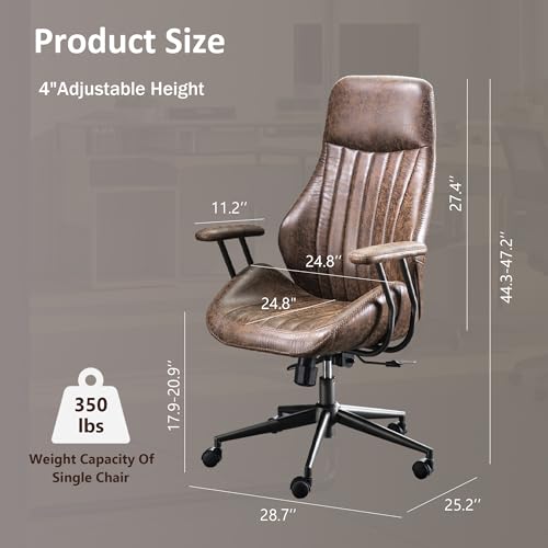 Image of High Back Home Office Chair, Mid Century Vintage Executive Chair,Comfy Ergonomic Rolling Office Task Chair with Lumbar Support,Brown Faux Leather Office Chair,Dark Brown