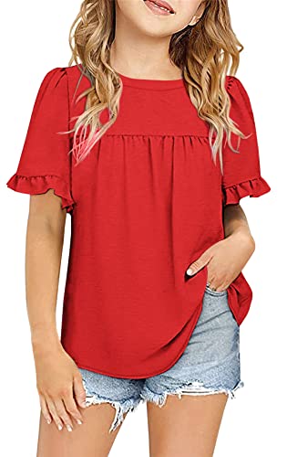 Image of Ebifin Girls Short Sleeve Tops Kids Peplum Babydoll T Shirts Tees 4-15Y | Girls T-Shirts, Crew neck Short Sleeve Shirts, Casual Tunic Tops, Cute Blouses, Summer Tees, Ruffle Hem, Loose fit