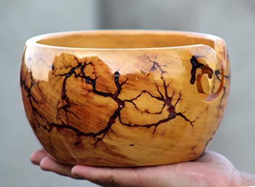 Image of Lichtenberg Figure Yarn Bowl - Handmade Wooden Yarn Bowl for Knitting Yarn Ball Holder - Yarn Bowls with Holes Crochet Bowl Holder - Yarn Storage Bowl 7 inch x 4 inch inches (Maroon)