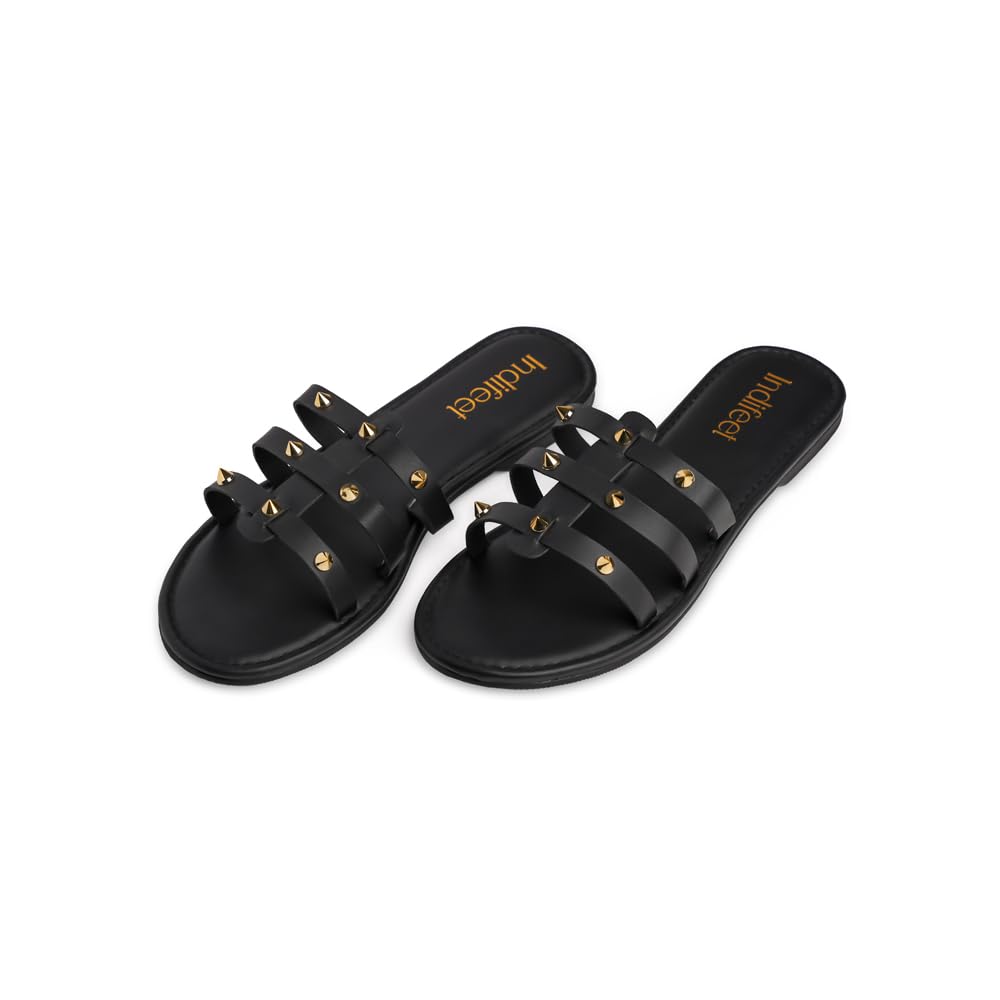 Indifeet Flats for Women, Womens Stylish Studded Flat Footwear, Woman Latest Open Toe Slippers, Girls Embellished Slip Ons Chappals, Ladies Fancy Slip On Chappal, Black (B0D66FLKTF) Amazon Price History, Amazon Price Tracker