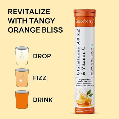 Image of Graceberry Glutathione Tablets for Glowing Skin | 60 Effervescent Tablets with L-Glutathione & Vitamin C | Sugar-free Antioxidant & Skin Glow Supplement for Skin Radiance | Orange (Pack of 3)