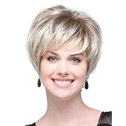 AIYLMZ Peluca Corta de Corte Pixie Dorado Claro Con Flequillo Para Mujer - Capas Esponjosas Con Estilo Sintético Natural (Oro Claro)