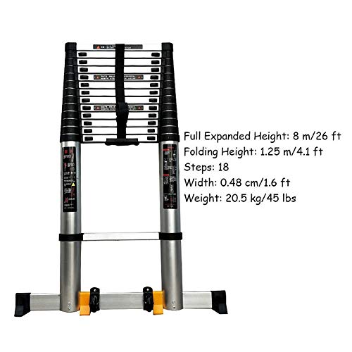 FF Foldable Aluminum Extension Ladder, 16ft/17ft/20ft/23ft/26ft Extra Tall Engineering Telescoping Ladder with Support Bar, Load 330lbs (Size : 8m/26ft)