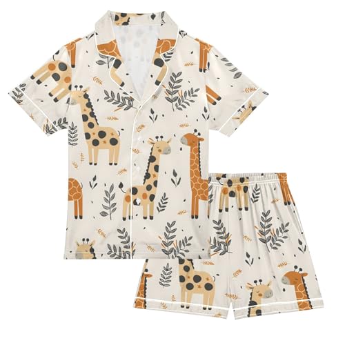 ALAZA Retro Giraffe Leaves Satin Pajamas Set Short Sleeve Button Down Sleepwear Summer Pjs 2 Piece