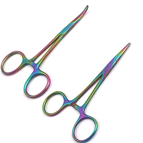 OdontoMed2011 Lot of 2 Pieces Multi Color Rainbow Mosquito Hemostat Forceps 3.5" Straight & Curved Pliers Stainless Steel Multi Color Rainbow Color Hemostat Forceps ODM