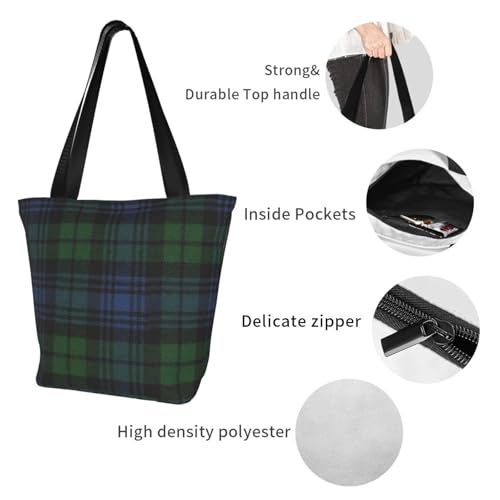 Black Watch Ancient Original Scottish Tartan Reusable Zippered Shoulder Bag, Stylish Polyester Tote With Wide Handle & Inner Pocket, Lightweight Durable Shopping & Travel Bag3