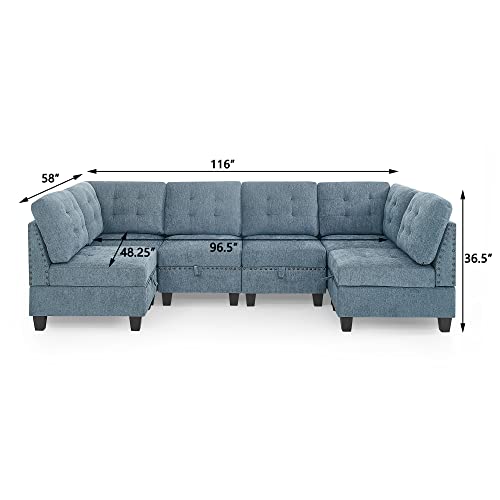Melpomene U Shape Sectional Sofa Diy Sofa Combination，Includes Four Single Chair And Two Corner (Blue, Chenille+Four Single Chair) #TOP1
