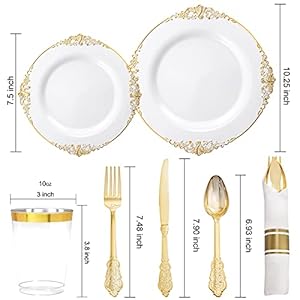 Nervure 350PCS Gold Plastic Plates - Gold Plastic Dinnerware Sets for 50 Guests - 100 Disposable Plates, 150 Silverware, 50 Cups, 50 Napkins for Wedding & Party Nervure 350PCS Gold Plastic Plates Gold Plastic Dinnerware Sets for 50 Guests 100 Disposable Plates 150 Silverware 50 Cups 50 Napkins for Wedding Party