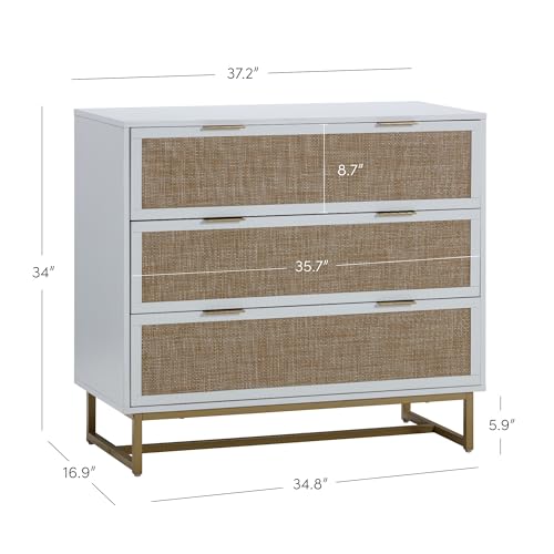Image of Nathan James Kova Boho Dresser or Storage Cabinet with Drawers for Bedroom or Nursery with Textilene Rattan Accent and Metal Legs, White
