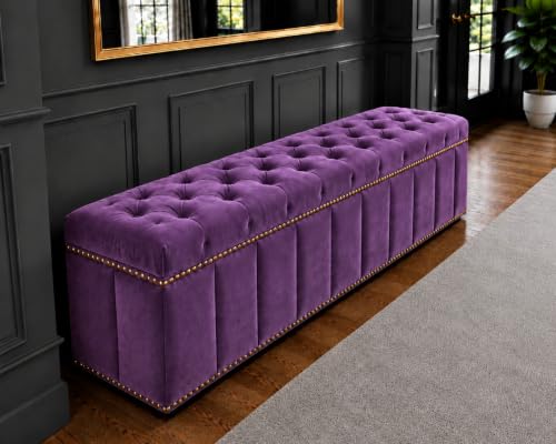 Image of Tufted Velvet Storage Ottoman Bench with Nailhead Trim (Maroon) | Velvet Storage Ottoman Bench