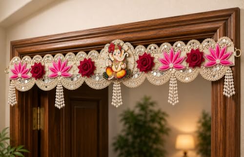 Khillayox Designer Ganesh Ji Door Toran for Home Entrance | Handmade Lotus & Rose Floral Bandanwar with Pearl Tassels | Decorative Hanging for Main Door, Pooja Room, Diwali & Festival Decor | 40 Inch